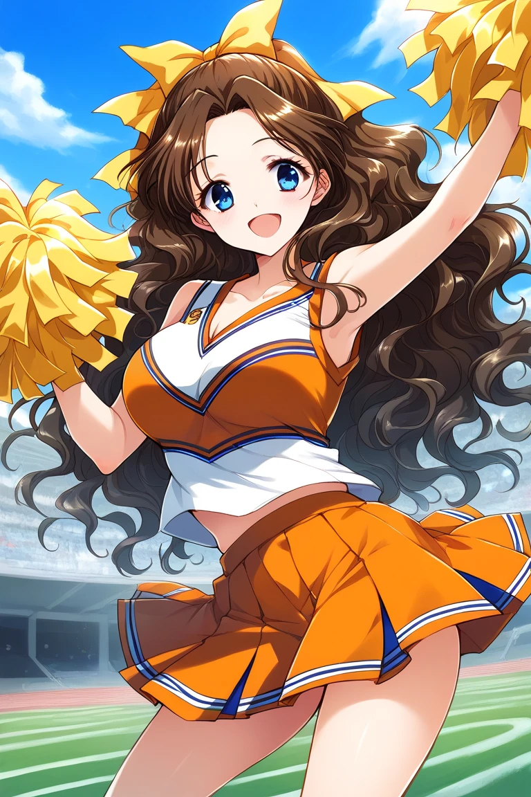 1girl, cowboy shot, smile, open mouth, field, (white panties:1.2), stomach, holding pom pom \(cheerleading\),
kawai_iyona, brown eyes, brown hair, long hair, ponytail, hair ribbon, cheerleader, sleeveless, navel, skirt, <lora:kawai_iyonaCR_lora_ver1:0.7>, best quality, masterpiece, highres, <lora:GoodHands-vanilla:1>