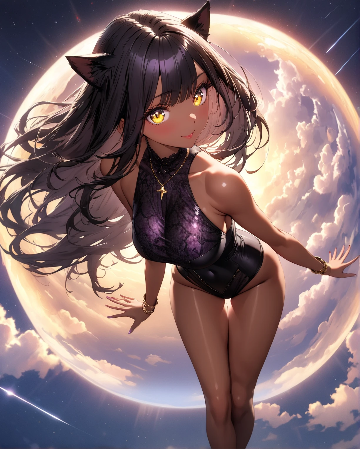pele escura, dark skin , MULHER, lingerie, cabelo roxo, orelhas pontudas, sexy, lingerie ousada, nsfw, seios grandes, bumbum grande