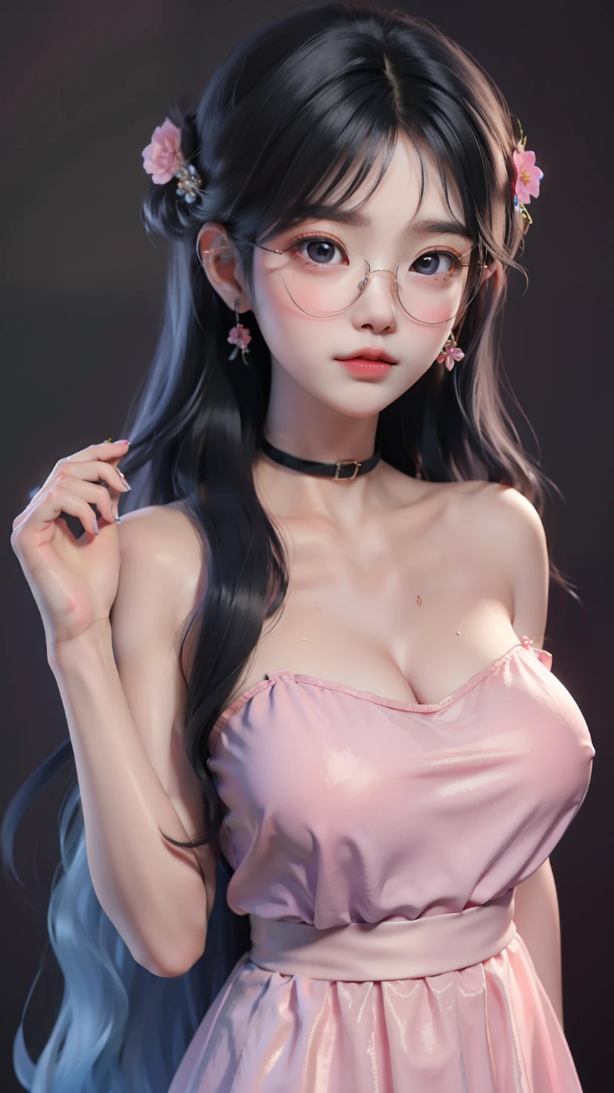 1girl, cute japanese girl, big eyes, sensual face, seductive smile, solo, long hair, open clothes, see through clothes, erotic sensual pajama, bright yellow eyes, slip, pink perfect areolae, cum at breast, sperm liquid at breast, flower headband, collar, collarbone, red sensual lips, off shoulder, perfect round breast, small breast, cleavage, underboobs, erotic, nsfw, glasses, blush, seductive smile, cute face, looking at viewer, sexy pose, bright green flat background, dark black hair, simple background, sexy pose, lips, closed mouth, ribbon, hair ribbon, stellar earings, bangs, upper body, parted bangs, red ribbon