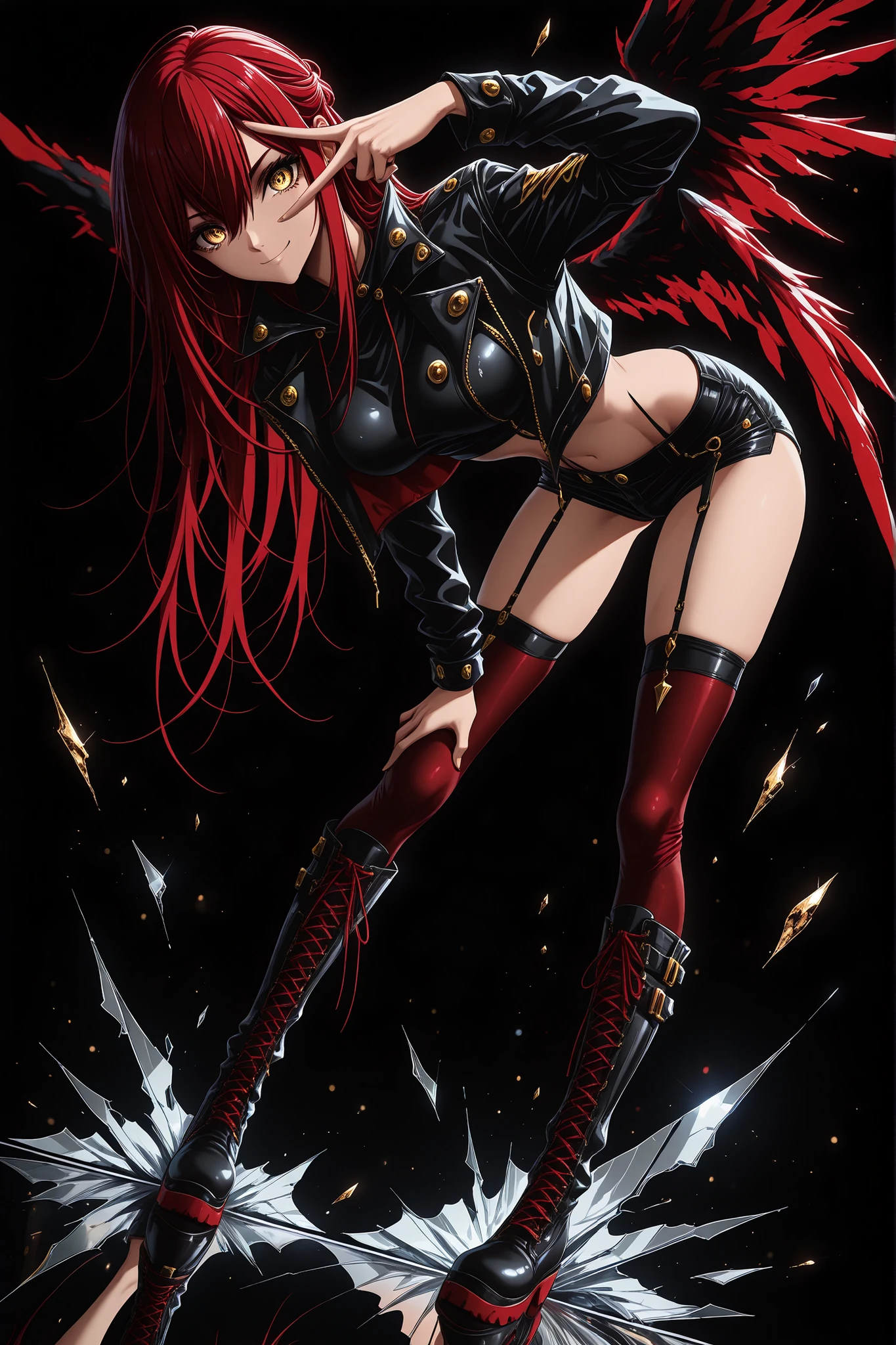 1 girl , golden eyes , very long hair , long sidelocks, red hair ,half updo, petite , very cute , beautiful ,Straight hair, cool, handsome, hair between eyes, sexy, medium breasts , Dark angel, black and red angel wings, bent forward, v , v over eye, one hand on thigh, crop top, punk jacket, open jacket, micro shorts, knee high boots, stockings, cheeky smile, broken glass,dynamic shot, dynamic view, (dynamic angle), (dynamic pose), (glass shards, reflection, broken glass), bokeh, glittering, sparkling, (((black background)))