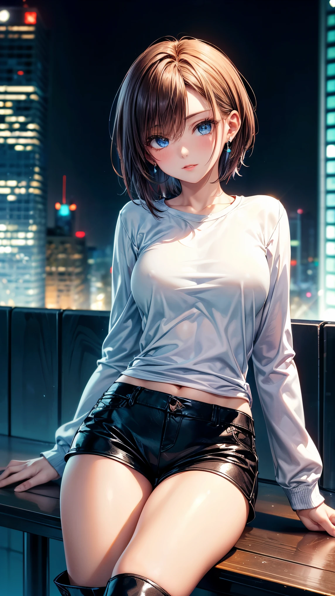 ((Realistic lighting, Better Quality, 8k, first work: 1.3)), Clear focus: 1.2, One girl, Perfect beauty: 1.4, Thin abdominal muscles: 1.1, ((dark red hair)), (White Cut Top: 1.4), (Outdoor, night: 1.1), View of the park, Super thin face, Light eyes, double eyelid, Firm medium-breasted, Sensuality in bed, Kneel