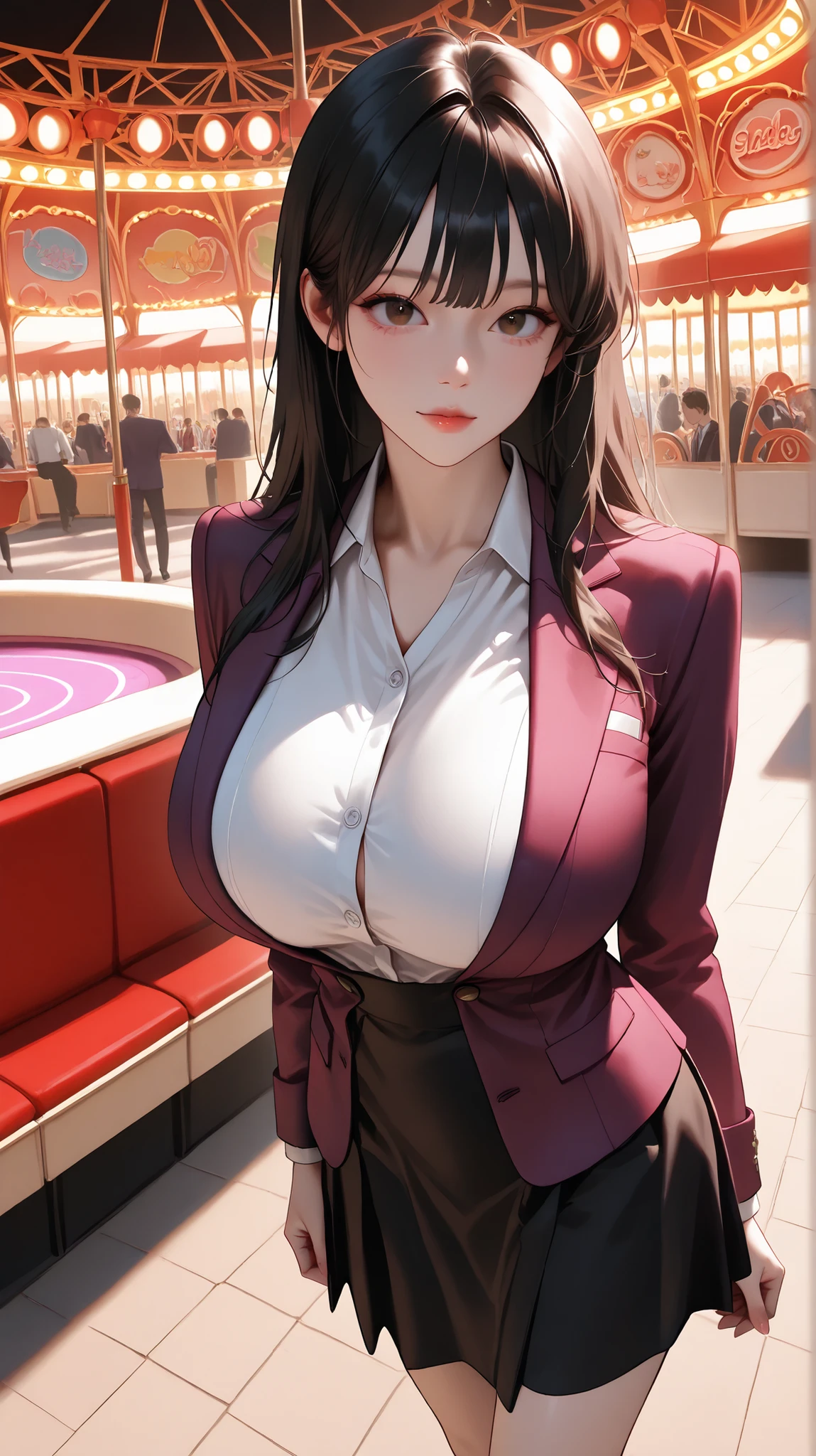 A woman wears a red purple school jacket with a tight collar, and the front button is undone to reveal the intense cleavage of her huge breasts. You can also see a little of her nipples. night school. A beautiful moonlit night. 4k, best quality, realistic, detailed
