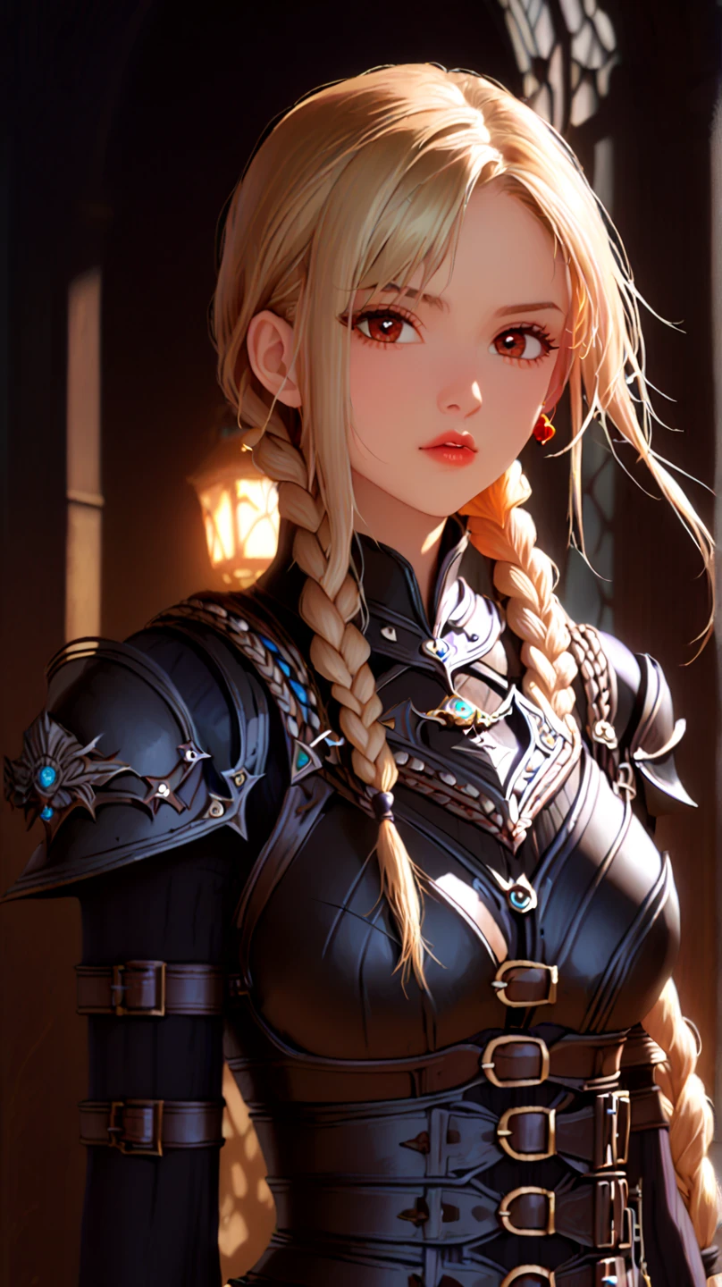Anime-style masterpiece, vibrant heroine, one eye enchantingly closed, displaying confidence and power, female hunter exuding boldness, flowing ash blonde hair cascading elegantly down her back, textured and detailed strands accentuating movement, adorned in intricately designed armor blending classic knightly attributes with modern anime flair, subtle patterns reflecting her adventurous spirit, the dynamic pose illustrating readiness for action highlighting her hunter's agility, captivating features framed by a delicate expression, soft highlights enhancing her mysterious aura, surrounding hints of lush forest or ethereal battleground setting evoking a sense of depth and adventure, vivid yet harmonious color palette emphasizing the ash blonde complemented by deeper, earthy tones, focusing on the character's determination and strength, artistic  capturing anime styles through exaggerated proportions and whimsical details, clean linework accentuating  expressions and flowing hair, immersive depth created through shaded colors to enhance realism, showcasing a balance between fantasy and anime influences, creating an engaging narrative backdrop that invites exploration and admiration