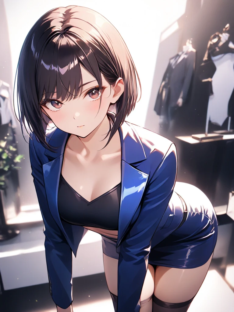 RAW photo, extremely delicate and beautiful, masterpiece, Best Quality, ultra high resolution, 16k, photorealistic, ultra detailed description, pale skin, in her 20s, whole body, medium tits, medium hair, black hair, tearful mole, earring, business suit, blazer, pencil skirt, collarbone, shirt, tie,