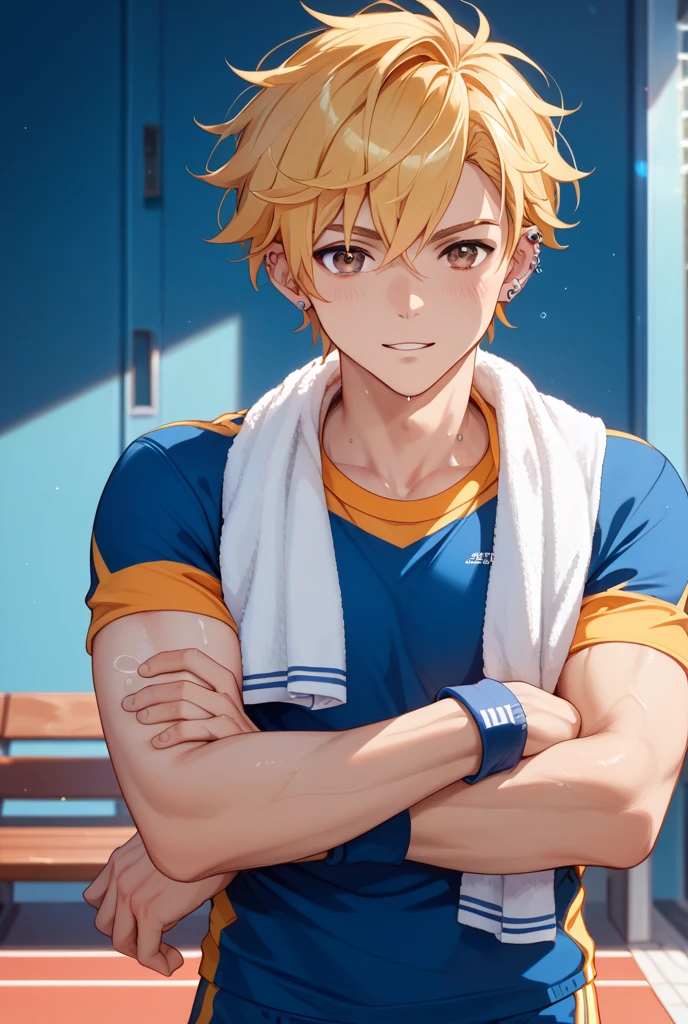 masterpiece, best quality, 1male, 1boy, tall muscular, handsome, finely detailed eyes, intricate details, volleyball uniform, removing shirt, erection under shorts, smirk, perverted expression, looking at viewer, muscular body, six-pack abs, sweat, sweaty body, anime boy sitting on bench, locker room, perverted smile, abs peek, happy trail, blonde, yellow shorts, white shirt, a blue 69 number on shirt, sexy body, volleyball ball on floor, peek at the abdomen