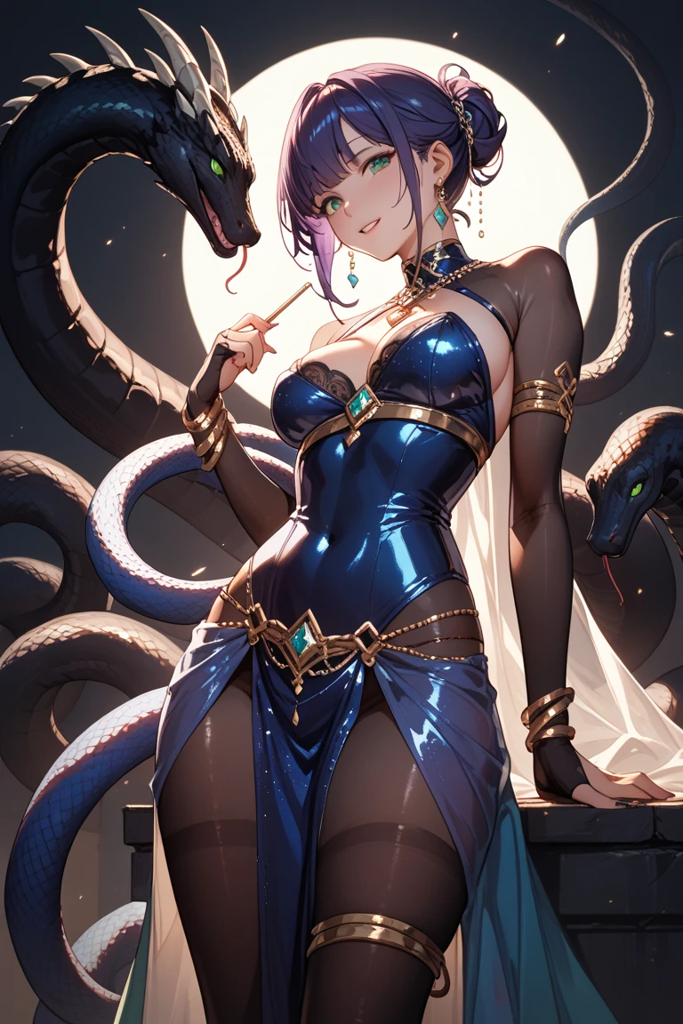 (masterpiece), best quality, expressive eyes, perfect face, monster girl, ((tentacle body))、 tail body, solo girl, menace, queen's blade, black short hair, gold accessory, lamia, (egyptian traditional transparent queen costume)), breast curtain, gold chain accessory, black egyptian hair, gold eyelash, grin,