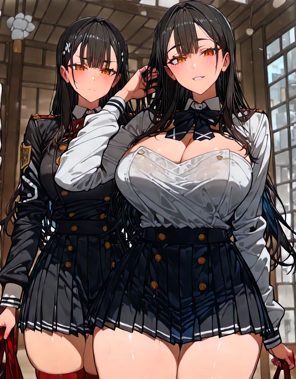1girl, black hair, (3heads:1.5), (huge breasts:1.5), three headed girl long hair, hairclip
,purple eyes,red lips, open belly,
Hot girl, baddie, bad attitude, mean girl, crazy, smoking, sensual, attractive, blush, lipstick, jewelry, earrings, masterpiece, best quality, highly detailed, miniskirt. (very deatiled eyes:1.5),fantasy , a anime girls in armored dress holding a sword
posing for a picture, evil smile, smile, open mouth, breastplate with open cleavage, cleavage, warrior
outfit, ecchi anime style, anime girls, ecchi style, (nsfw) not safe for work, ecchi, digital anime art!!, in
anime style, official artwork, visual novel cg, beautiful anime girl, anime style 4 k , loincloth, exposed
belly, exposed navel, exposed midriff, exposed lower belly, pencil skirt armored, castle,inside castle