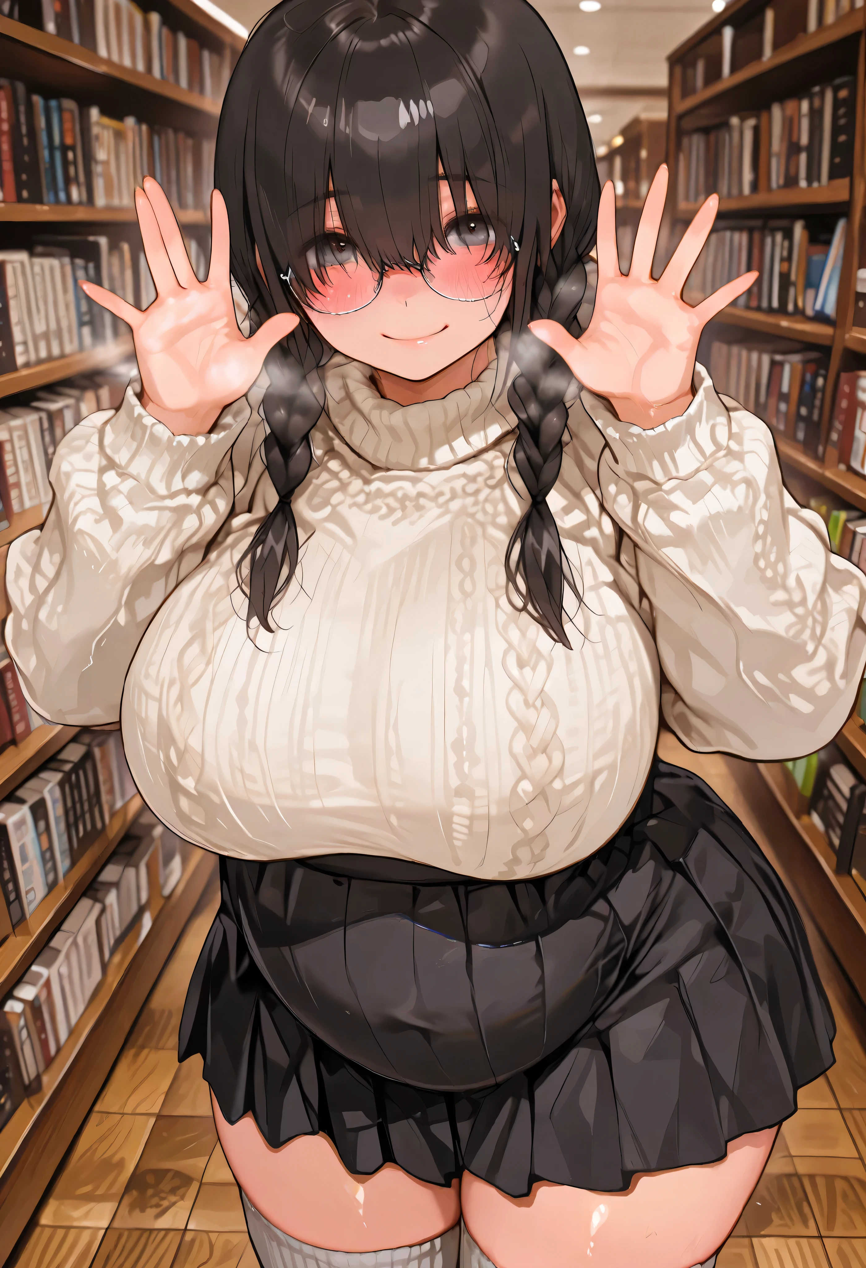 detailed eyes, detailed face, BREAK girl, library, eyes on viewer, solo, 1girl, fat body, mature woman, chignon hair cut, hair over eyes, black hair, double braids hair, light black eyes, Wide hips, Gargantuan butt, Sensual woman, mature female, milf, motherly, eyes open, blushing red, shocked, smile, mouth closed, excited, heavy breath, blushing red, seductive BREAK fully clothed, pregnant, thick frame glasses, cream oversize sweater, black pleated skirt, high waist skirt, oversize high socks, hands frame pose, fat belly, gigantic breast, shiny skin, from front, front view, cowboy shot