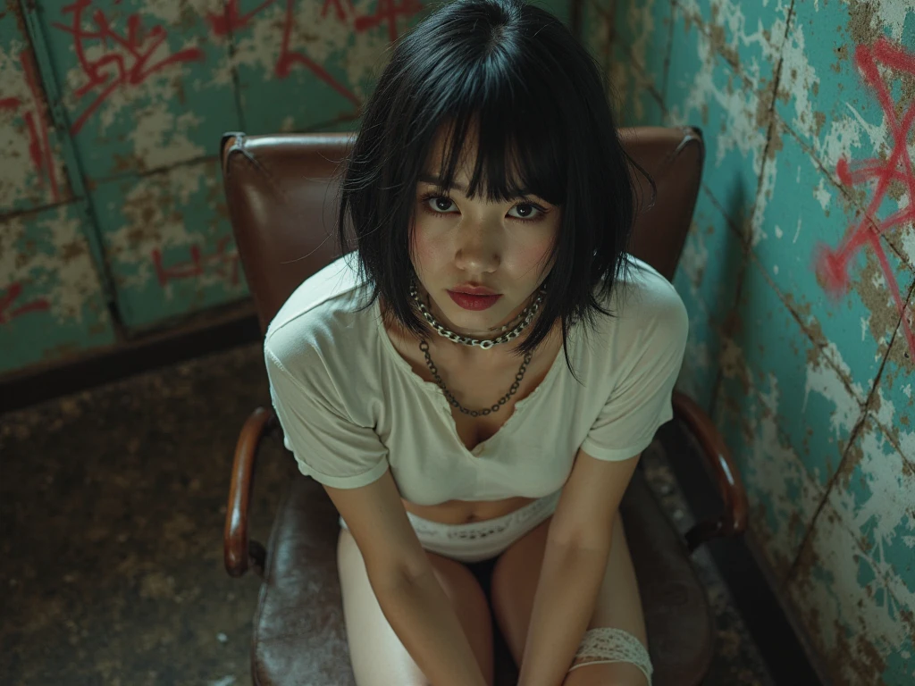 (photo:1.6)、Inspired by Tokyo、Tense atmosphere、Dramatic、(Original Photography、8K、Masterpiece、high resolution、very complicated)、(Top quality)、(realistic:1.4)、(Full body female love:1.6), (Reality: 1.6), (Movie: 1.5), Female in her 20s, Dark Style, Perfect body, (Beautiful long legs), Muscle lines,nervous, short hair, Tight skirt, basement, Pink T-shirt,Torn T-shirt, Sexy high heels,Night view of the city outside the window, Leaky water pipe