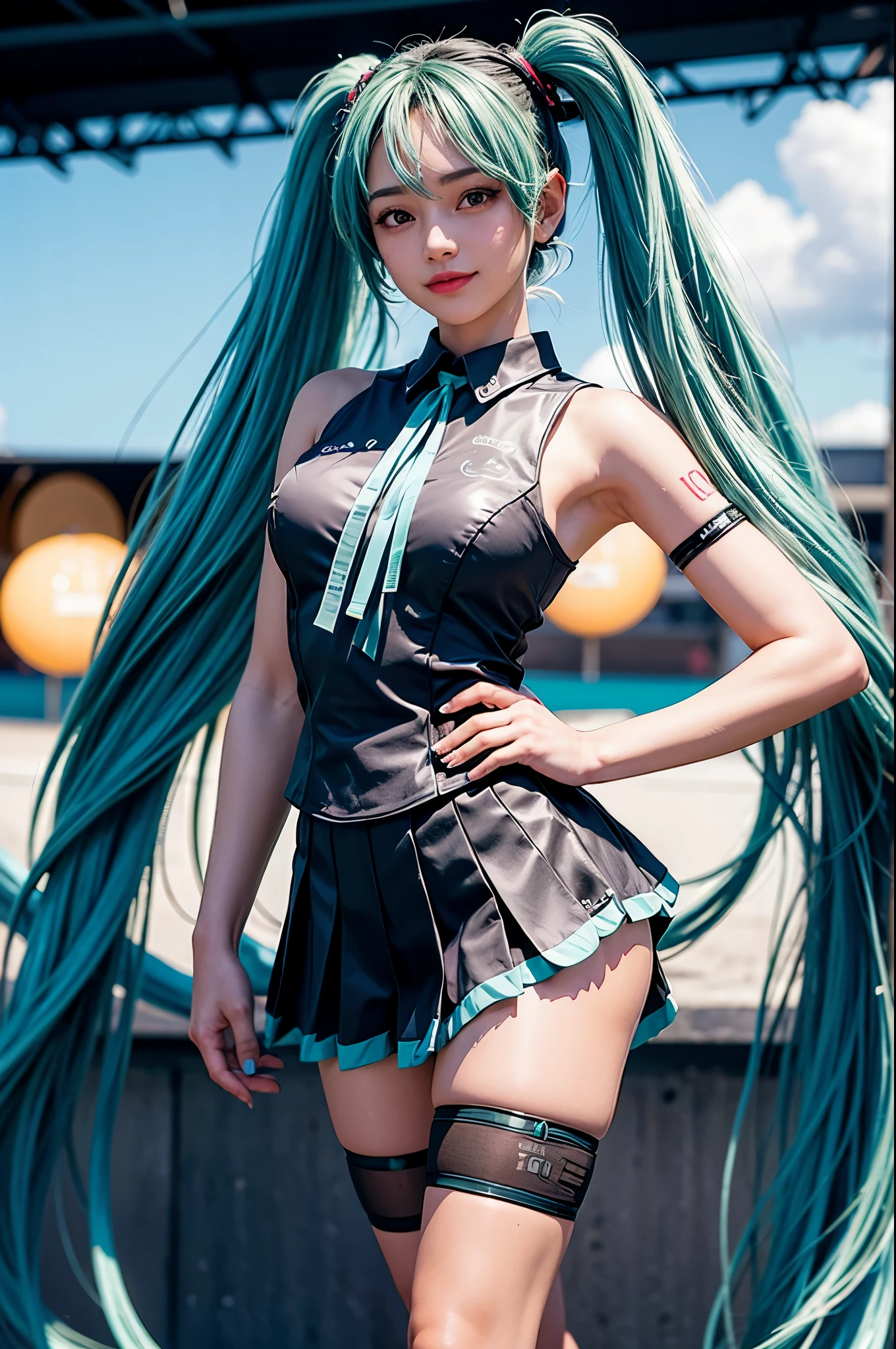 fotos profissionais,(Uma garota),detalhe da pele, pele bonita, camiseta preta, garota bonita,fundo escuro ,hatsune_miku,See his viewers,Blue Heart, Sigma 85mm F/1.4, jump lighting , When you look to the side,