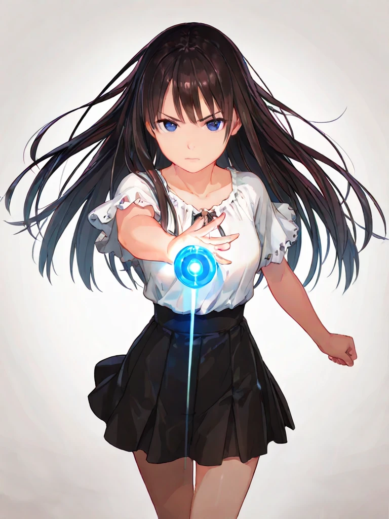 high quality art, in the middle of a forest at midnight, image of a portal seen from the side, the size of a door, the dark colored inner background, the shape similar to a rectangular door, chamfered at the corners, the blurred frame of a clear whole with a medium thickness, At the top of the portal there are neon colored symbols or writing, in front of the portal that is seen from the side, a sixteen year old girl with long hair, dark brown color, School uniform, a white blouse, short sleeve, Red Waistcoat, white pleated miniskirt, White socks, He wears a golden wristband on his arm that controls the portal, pointing with that arm towards the portal, the place is a forest at midnight, The portal and the girl are seen from the side, distant view so that part of the forest can be seen