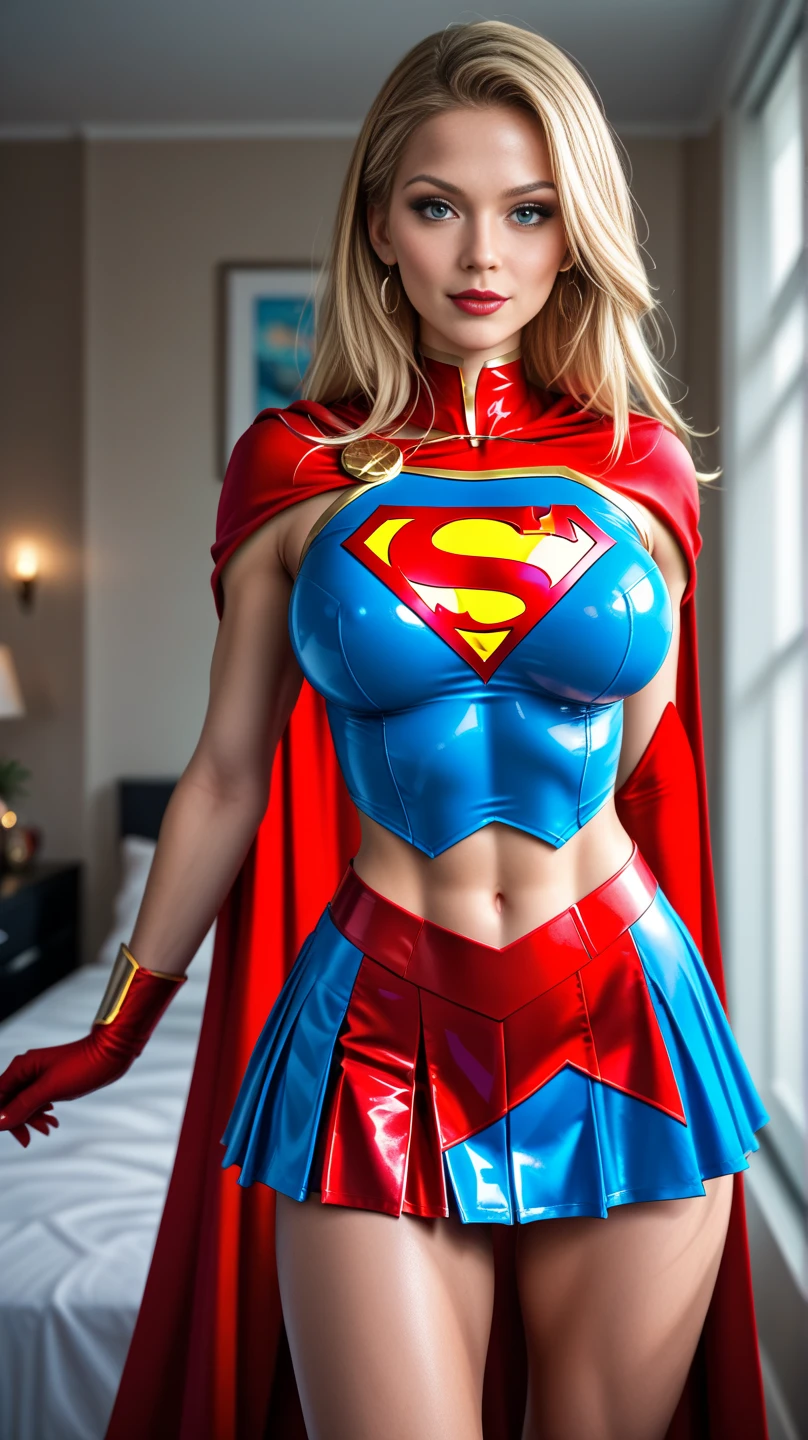 masterpiece、Latex Supergirl Costume、short hair、operating table、Patent leather boots、Big and ample breasts、choker、Long sleeve、Red mini skirt、Looking at the camera、Off the shoulder、Beautiful Body、