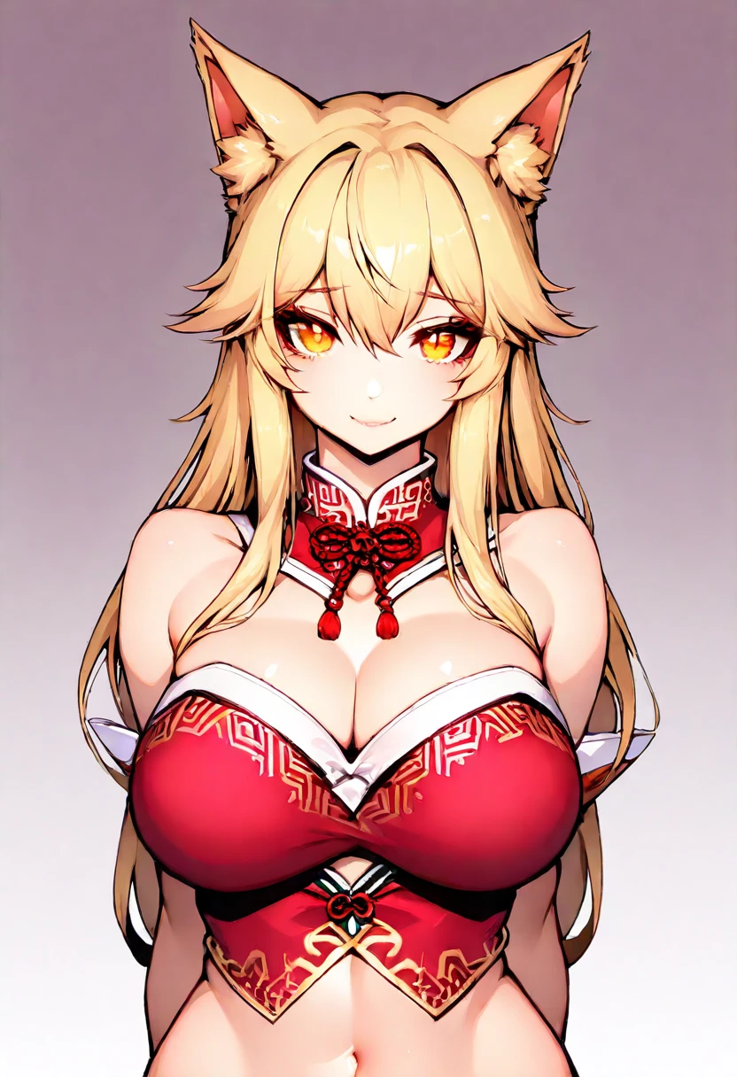 (masterpiece),(best quality),(ultra detailed),(illustration),(an extremely delicate and beautiful),(anime colored),woman is fox girl,monster girl,(giganticboobs:1.3),curvy,(shiny hair),very long hair,(flipped hair),sidelocks,(crossed bangs),(blonde hair),fox eyes,(((((((nine fox tails))))))),(((Japanese circlet))),(red eyes),(shiny skin),(((japanese kikono))),(cleavage cutout),(off shoulder),thigh,legs