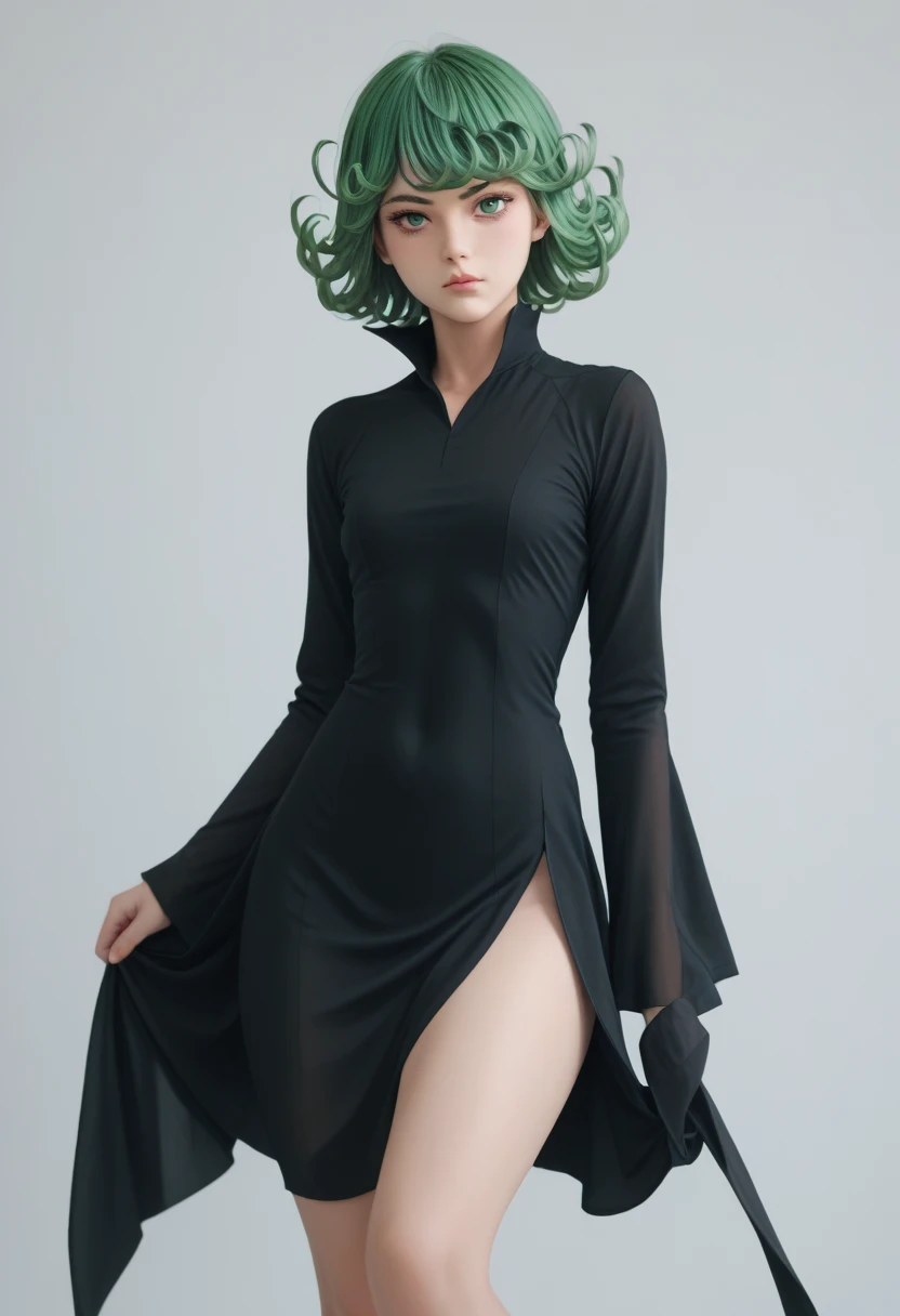 (Masterpiece, Best quality), 1girll, Beautiful face, tatsumaki, dress, Black dress,Large breasts,cleavage,Off-the-shoulder attire