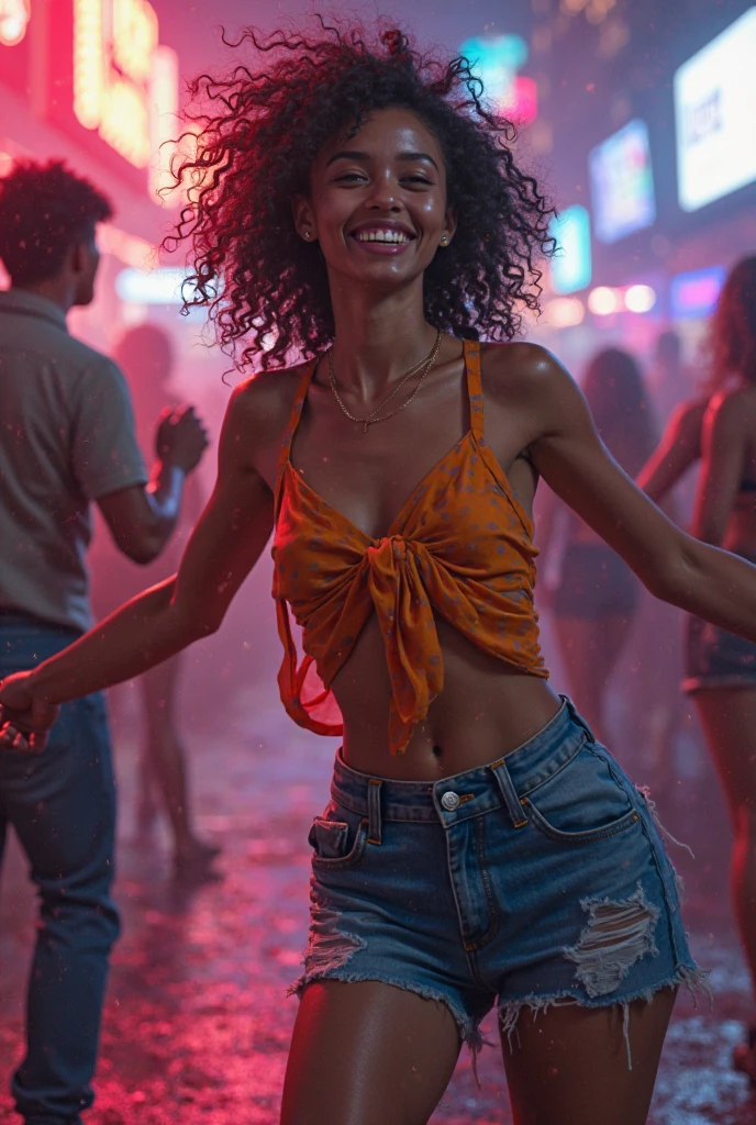 1980s photo of a 18 year old (CyberB_V1:0.8) as disco queen wearing a bikini and jeans shorts, happy, solo, fair skin, short hair, (dancing) in a night club, PolaroidFilter, RAW candid cinema, 16mm, color graded portra 400 film, remarkable color, ultra realistic, textured skin, remarkable detailed pupils, realistic dull skin noise, visible skin detail, skin fuzz, dry skin, shot with cinematic camera