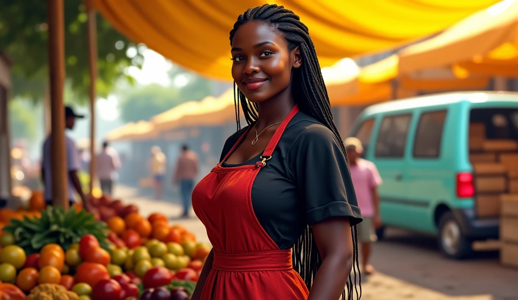 Portrait of Uneekwa Johnson walking confident down the street: solo, 1girl, age:36, adult, hourglass figure, (dark skin:1.9), (ebony), dark-skinned-woman, braided black hair cascading over shoulders, (african braids), (dreadlocks), brown eyes, greenish eyeshadow, button nose with nostril ring, ((button nose)), maroon lipstick on round lips, bright white teeth, playful dimples, silver necklace with delicate chain, multiple earrings, green purse, green smartphone in her hand, off-shoulder olive green satin blouse, ((off-shoulder blouse)), ((satin blouse)), ((green blouse)), smiling, ((teeth)), confident expression, outdoors, downtown street, (close-up:1.4), realistic, masterpiece, correct anatomy, sharp focus, field of view, ultra detail, vibrant colors, best quality, depth of field, cinematic lighting
, Full body.