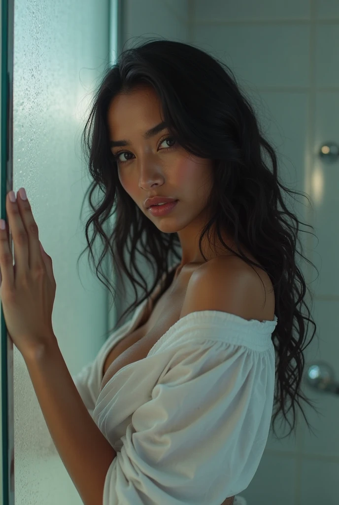 (best quality,ultra-detailed,photorealistic, non-blurry) young woman, beautiful eyes, detailed lips, caramel complexion, gloomy day, vibrant colors, wavy and voluminous hair, relaxed expression, at a spa, body wrapped in a towel, provocative pose, slim waist, full bust, ultra-detailed fingers, ultra-realistic fingers, proportionate body parts