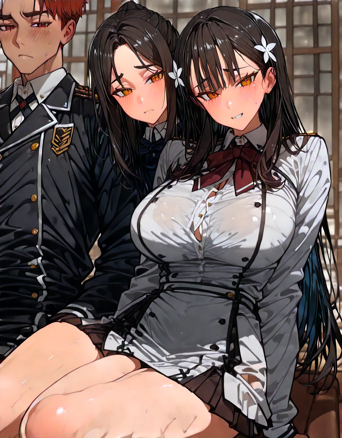 ((best quality)), ((masterpiece)), (detailed), (high resolution), perfect face, 1 Women, (violet slit eyes:1.3), (long black hair), Straight across bangs, (grown-up face:1.4), parted lips, medium breasts, bikini, lower body, (Two old men and a woman three some sex:1.4), (leaning forward:1.3), Stimulating, (anime coloring:1.1), (high angle:1.3), (Two old men:1.4), Stimulating, (touch buttocks:1.2), (Yamashiro Ren), Mato Seihei no Slave, motion lines, motion blur, bouncing breasts , blunt bangs, hair ornament, add more details, military uniform, epaulettes, leashed pov , white gloves, looking at viewer, red cape, black pantyhose, long hair hair over one eye, masterpiece, hair ribbon, soles,