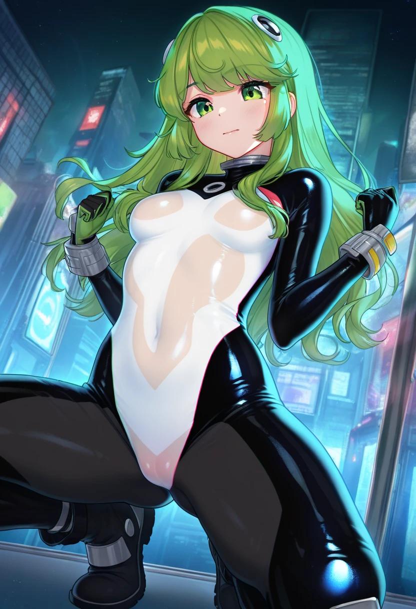 Code Geass, C.C, 1girl, (((bimbo))), long green hair, yellow eyes, ear rings, puffy lips, painted lips, thick lips, wide hips, thick thighs, small breast, huge ass, revealing cleavage, bubble butt, camel toe, Breasts, skin tight venom, venom, venom absorption, in the air, skydiving in the city, cyberpunk, night time, spider-woman,