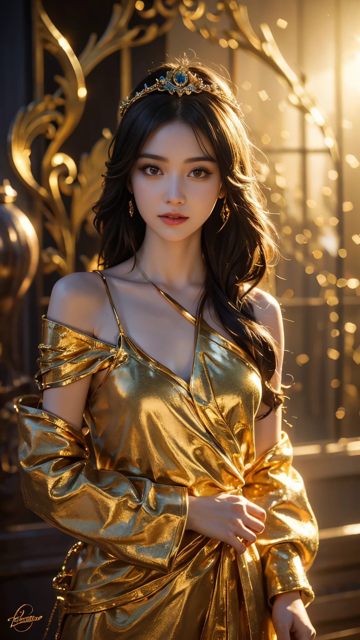8K, UHD, Masterpiece, extreme quality, 1 girl, good face, detailed eyes, very long hair, detailed lips, small breasts, detailed empress fantasy dress, golden fantasy dress, ((glowing dress:1.4)), lace, (bare waist:1.5), flowing sardine, beautiful fantasy, fantasy empress, beautiful alluring Realistic art, shining skin, in the balcony, Realistic shadow, depth of field, ray tracing, god rays, bloom, bokeh effect, sitting,
