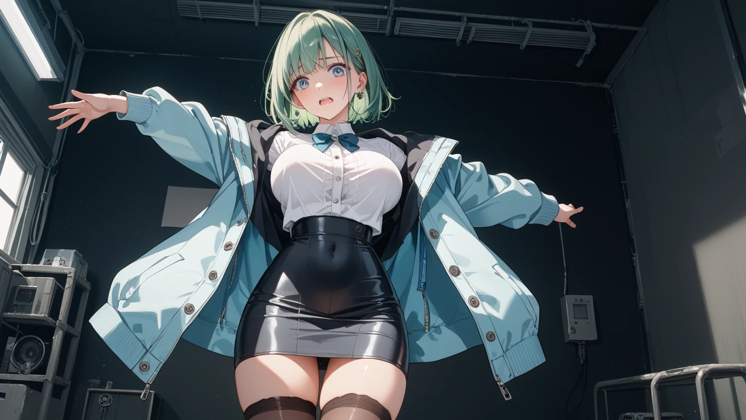 1 skinny girl, solo, light blue hair, side face, BREAK, red headband, BREAK, (dark purple eye:1.4), bending back, looking at viewer, BREAK, black plunging neckline short dress, dark yellow cropped jacket, black thighhighs, BREAK, (bouncing unaligned long huge breasts:1.5), very short torso, (inconceivably narrow waist), thin long legs, BREAK, (show off crotch:1.4), BREAK, strong wind, (slipping hip)