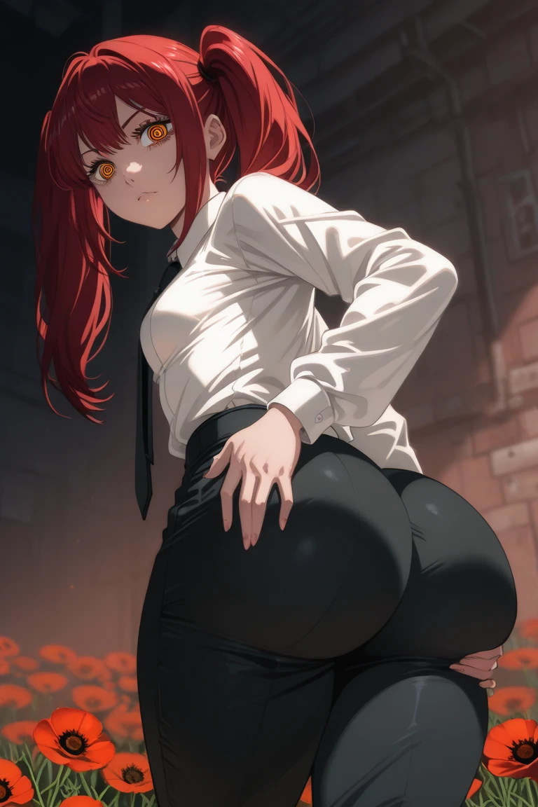 1 girl, hdr, ikuyo kita, red hair, one side up, long hair, green eyes, hoodie, pink hoodie, long sleeves, grey skirt, plaid skirt, bike shorts, black bike shorts, standing, open mouth, plaid, room, solo, from behind, looking ass, ass focus, grabbing ass, facing away, ass spread, (hands on own ass), ass stretch,