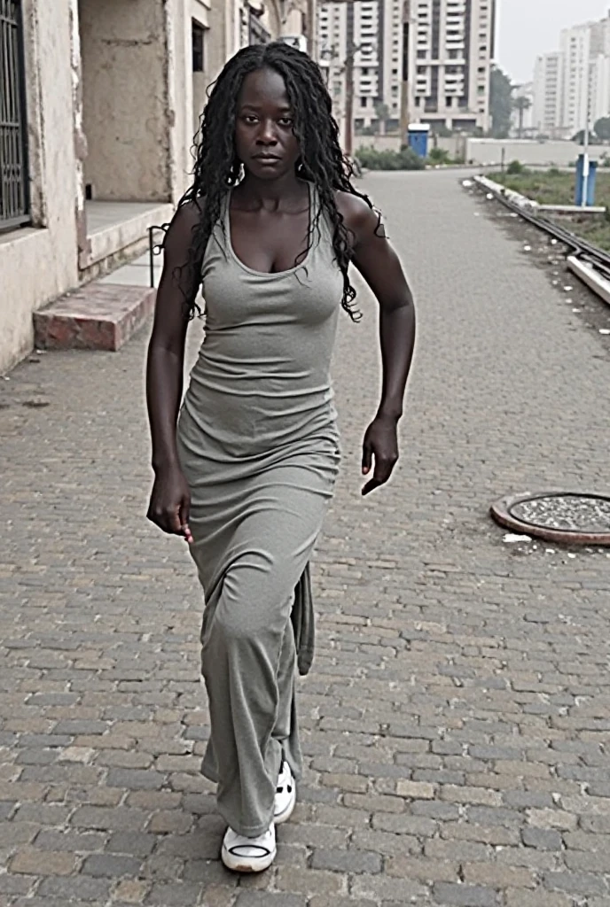 A beautiful black naked woman crawling down street,
