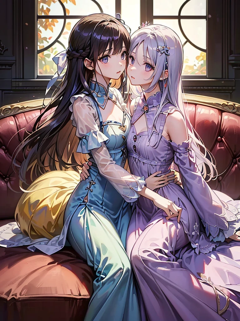 ((best quality)), ((masterpiece)), (detailed), perfect face, 2 girld, lesbian couple, one girl with long white hair and dark blue eyes and is tall and beautiful(long hair), looks fierce and bold, very tall, hot and other girl has short purple hair and purple eyes and is cute adorable and is bubbly and shorter(short hair), short height, baby face, blushing looks like innocent and shy, smiling, anime lesbian couple, 4k high quality anime
