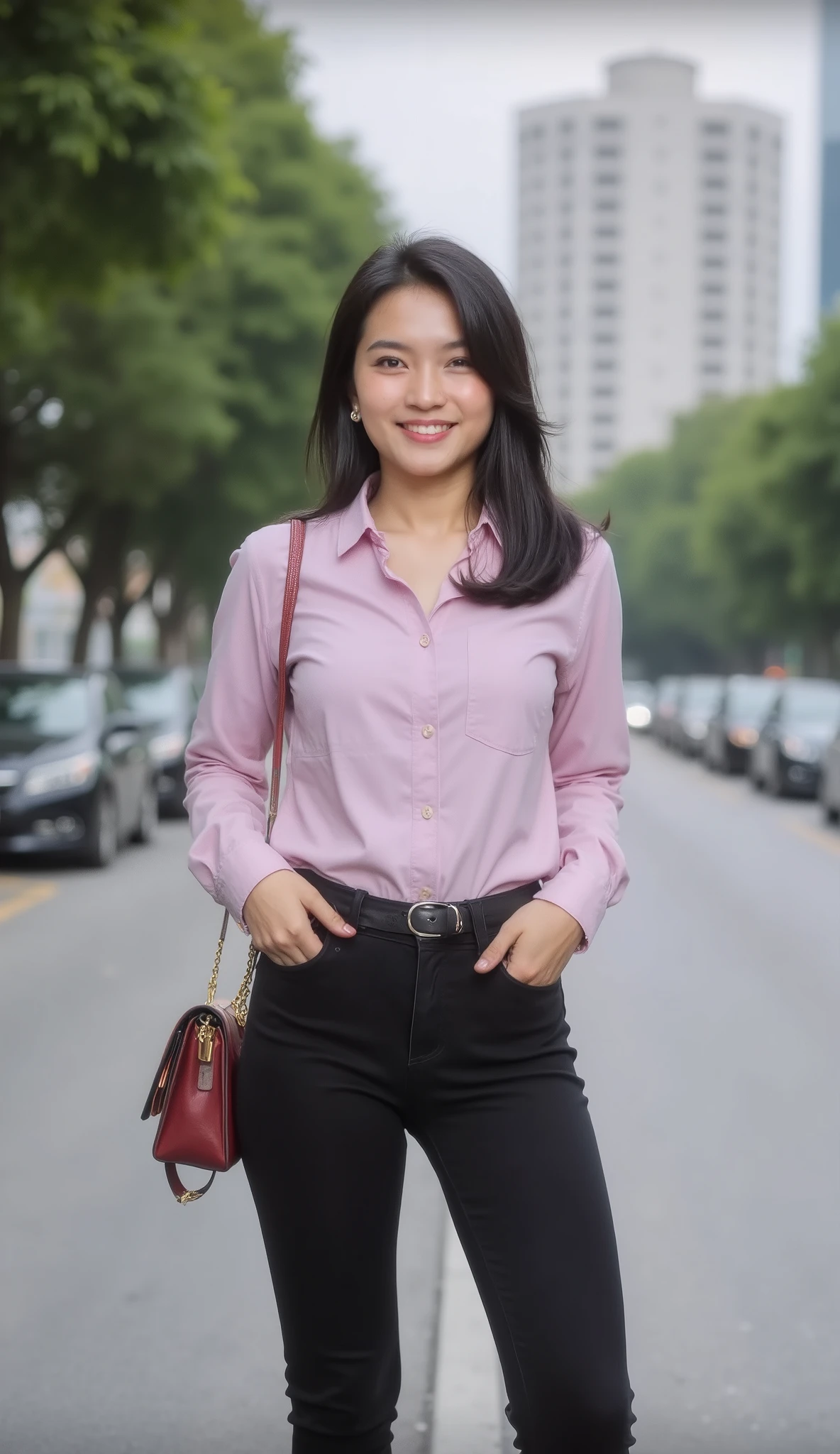 25 years old, a beautiful girl, an indonesian descent, an actress, colour shirt, black skinny jeans, with heels and bag, black wavy hair, smile, standing, beauty, photorealistic, city, likely, loveable, 8k, perspective, ultra HD, ultrarealistic
