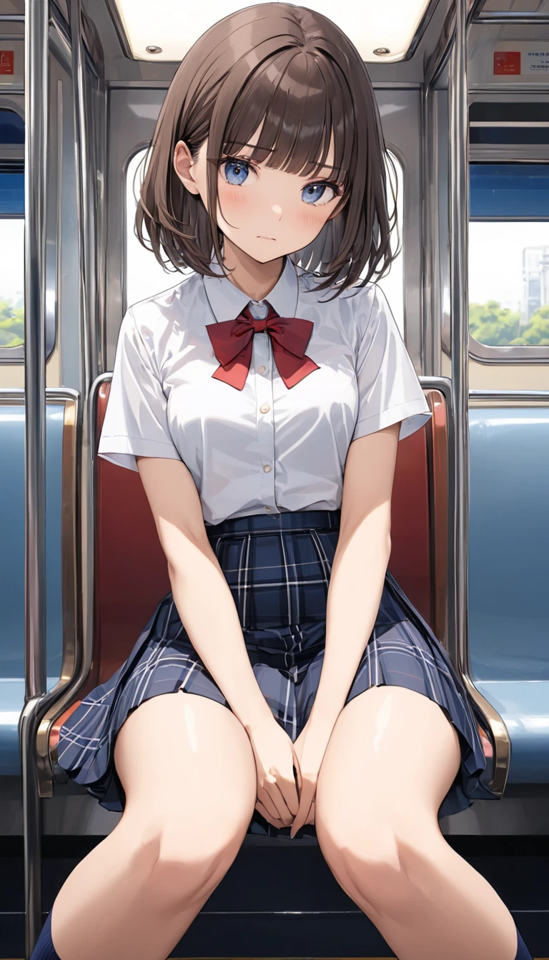 ((a secretary))、tight mini skirt、(best quality:1.0),(((white panties))) ,(photographrealistic:1.0),legs left and right(8K, Raw photo:1.1), Sitting on a train chair