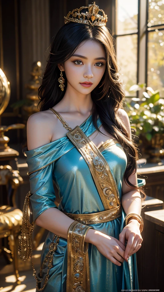 Picture of the most beautiful Thai girl with long, flowing hair The proportional figure is alluring and attractive. The shiny surface has a pearly glow with a luxurious and elegant design. Wearing a short, flowing strapless Thai 2-piece dress in shades of blue and gold. Sitting surrounded by huge Nagas that curled around me in an amazing way. The background is a luxurious scene, a large cave. Feels like a palace, close-up photo