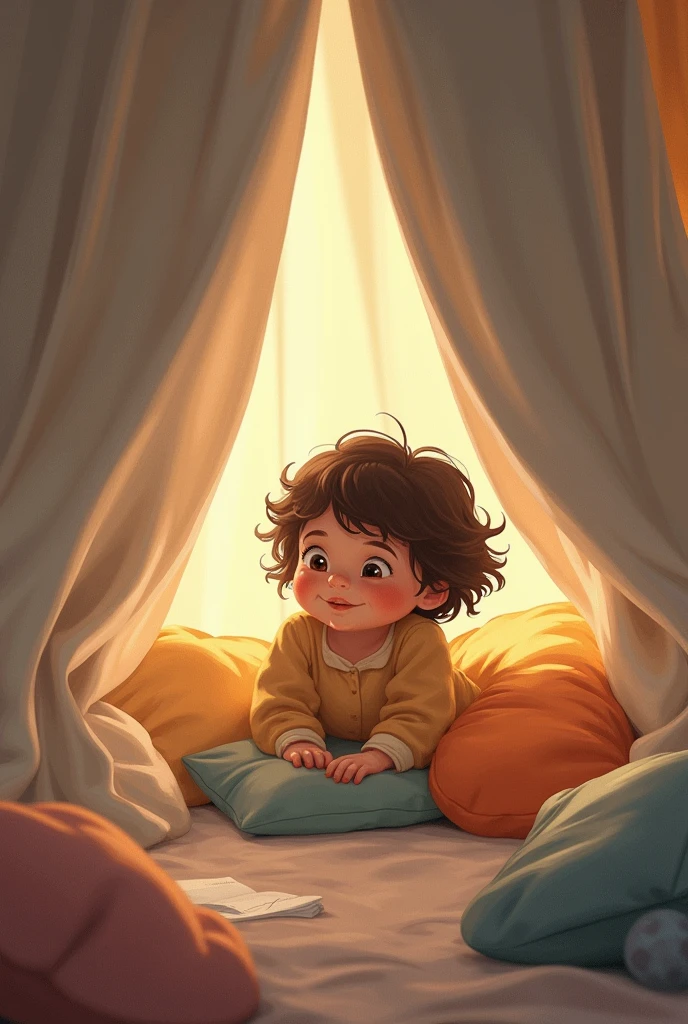 ren playing with sheets and pillows making a cabin inside the room