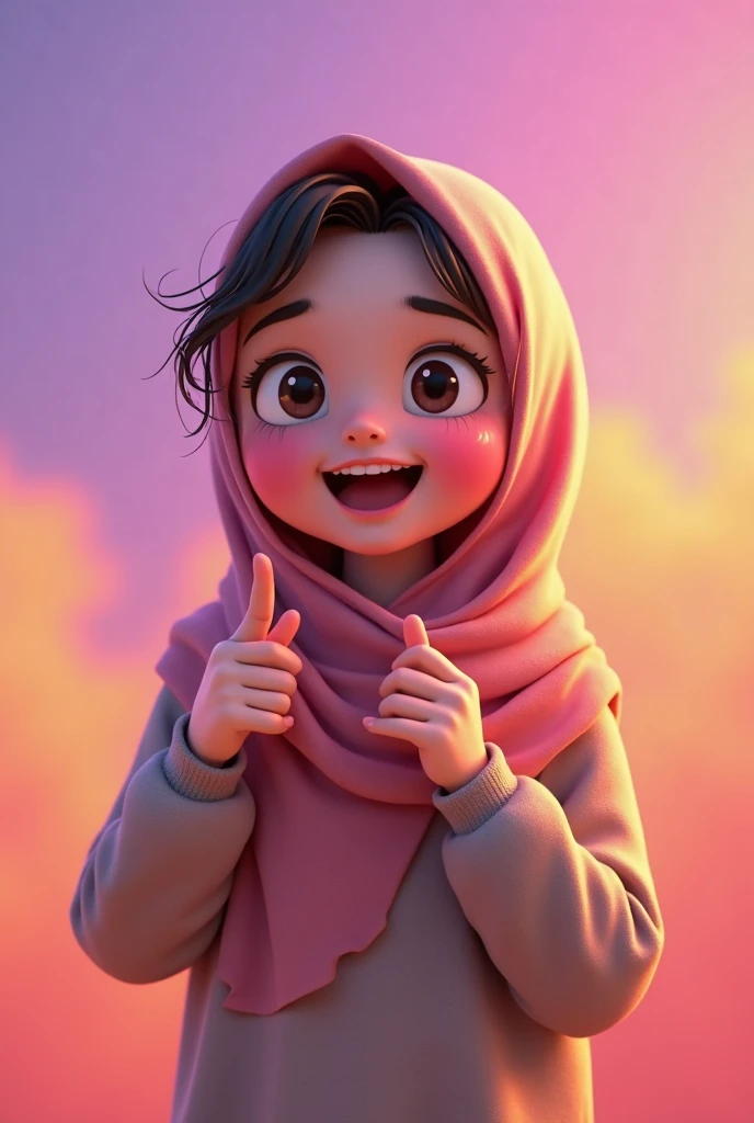 Cute hijabi girl smiling and posing two fingers on photos with pink scarf and bow hairpin
