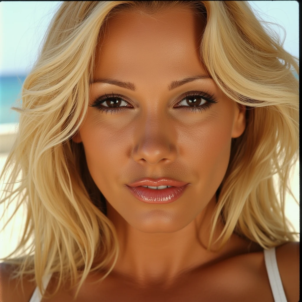 photo of beautiful sks woman, hyper realistic photograph, detailed face,film grain, Kodak portra 800, f1.8, intricate, at the beach, <lora:locon_britney_v1_from_v1_64_32:1.3>