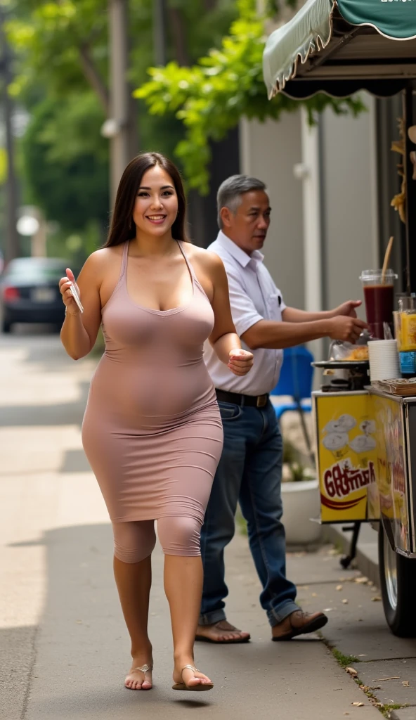Asian woman with very large breasts is pushing a baby carriage wearing a very tight and sexy dress, accompanied by a muscular man, full body, walk.