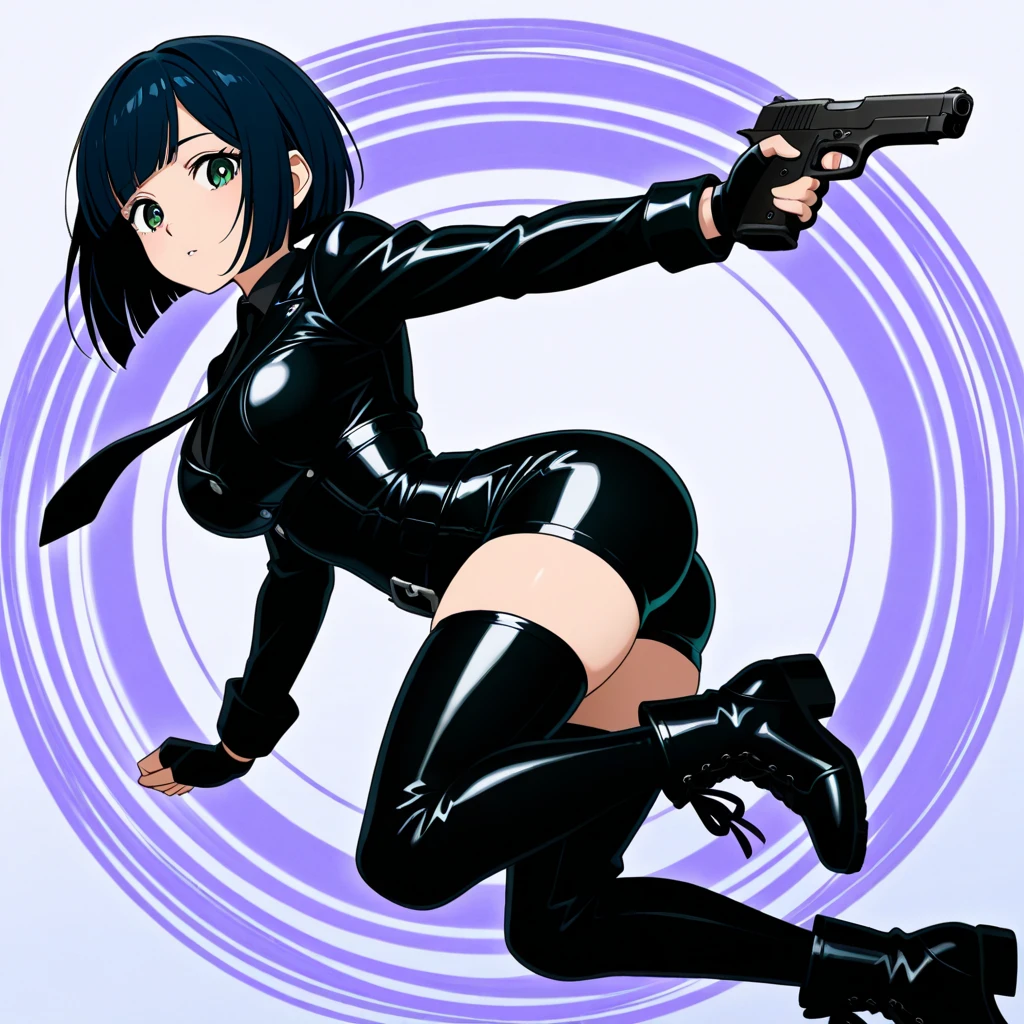 ultra-detailed, Explicit, Beautiful body, Beautiful Nose, Beautiful character design, perfect eyes, perfect face, ultra highres, 4K, beautiful legs, perfect legs, Nice hands, Perfect hand, Masterpiece, Best Quality, Highly detailed, illustration, absurdres, perfect anatomy, expressionless, blank eyes, emotionless, corruption, mind control, female combatant, full body, hypnotized, full body suit, obey, perfect female body, looking at viewer, hypnosis, hypnoLora, empty eyes, Mind control device, Slave, Fighting Stance, Zofabodysuit, belt, black elbow gloves, black boots, zofa bodysuit, zofa belt, dark persona, (((pixel-perfect, detail-perfect))), solo, 1girl, hair ornament, small breast, black hair, brown eyes, bangs, long hair, hair ribbon, standing, standing at attention
