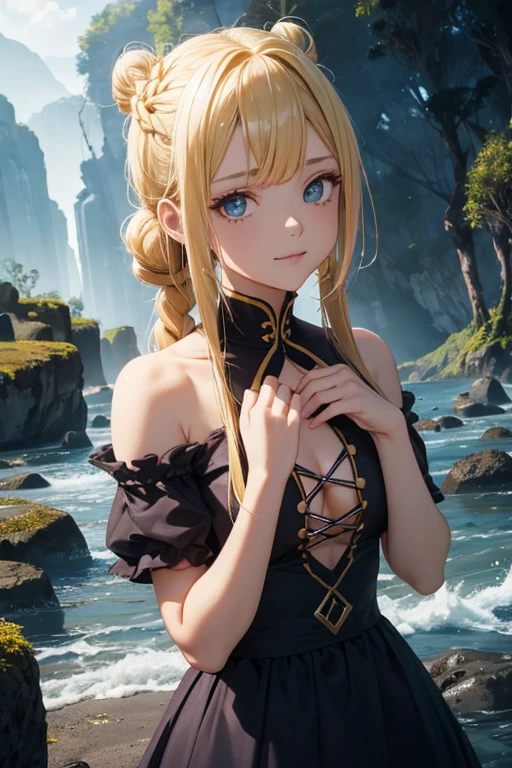 4D、teens girl、Dark Elves,(8K picture quality、high-detail、masterpiece、ultra-definition)、Ray traching、a blond、a blond、white hair、short-hair、Brown-skinned、High definition skin、a smile