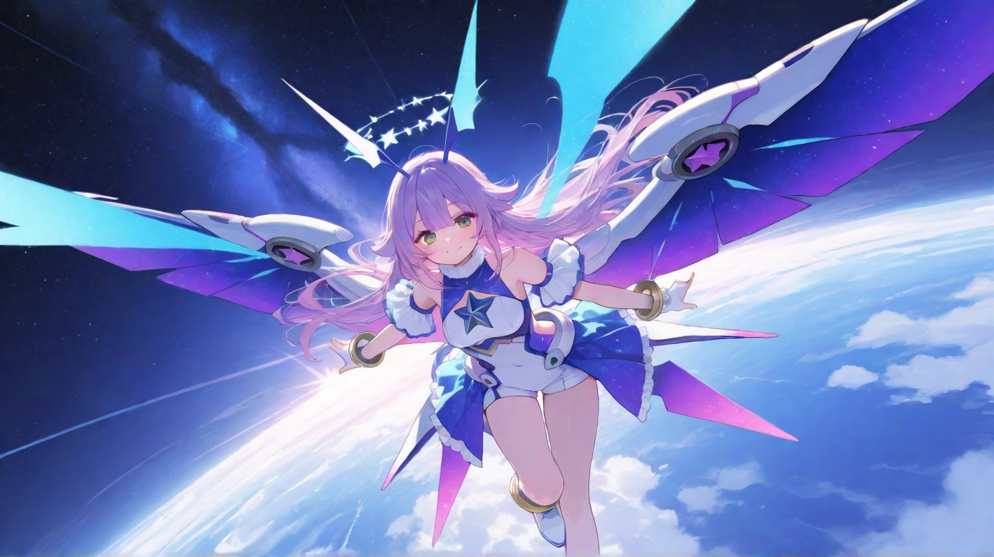 (hyper extreme detailed),(masterpeace),(hyper extreme),(photorealistic),CG,(colour:1.2), beautiful lighting,light from the front,rating:safe,solo, Bulin, 1girl, BulinMK3, MK3hair, pink hair, winking, blue eyes, carrying a giant pw_hammer, MK3_outfit, space boots, hologram effects, blue cat tail, dynamic pose, city background, <lora:bulin-000015:0.7>