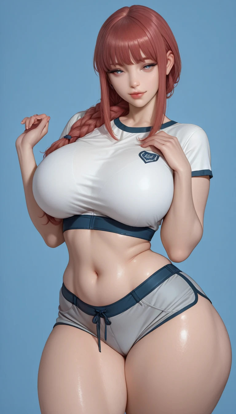 masterpiece:1.2, best quality), realistic, (real picture, intricate details, depth of field), (1girl, solo), make up, parted lips, highly-detailed, perfect face,
(huge breasts:1.4), (skindentation), thick thighs, wide hips, small waist, tall, glossy coral lips,
red hairs, red eyes, ponytail,
(A girl playing volleyball, white volleyball uniform), (sweating:1.2), (wet), sexy, blushing, fat