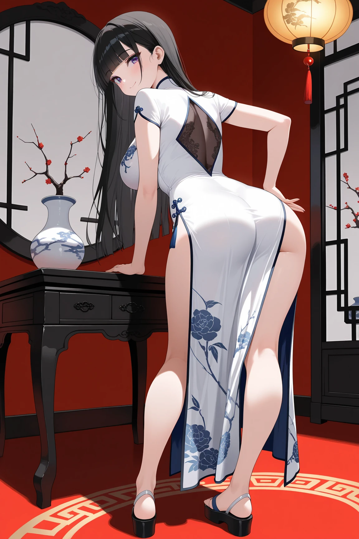 (Realistic:1.3), (photoRealistic:1.2), (highest quality:1.1), (Detailed skin:1.3), (Intricate details), Detailed skin texture, 
One woman and one man, 19 years old, 
(((In the study))), 
(blush:0.8), ((shy face)), happy, smile, cum
(Depict from HIP to head) , 
Black Hair, Straight Hair, medium Long Hair, bangs, Hair between the eyes, Reduce hair volume, 
Sparkling black eyes, Lens Eye, Light reflection in the eyes, Symmetrical eyes, (highlight in the eyes),  eyelashes, looking at the camera, 
Close-fitting clothing, Wearing China dress, Side slits, (knee length China dress), Floral prints, (white g-string panty), Separate panties and clothes, ((let the hem of the dress to the side)), The front and back of the skirt are the same length, 
A skirt that doesn&#39;t cling to the body, The front and back of the skirt are connected on one side. A woman has two legs.., Two arms, Five fingers, Two joints in the fingers, barefoot, Perfect leg length
Spread her legs very wide, (touch her hip)
 (Bare her chest), (Bow-legged), (Mucus on thighs)