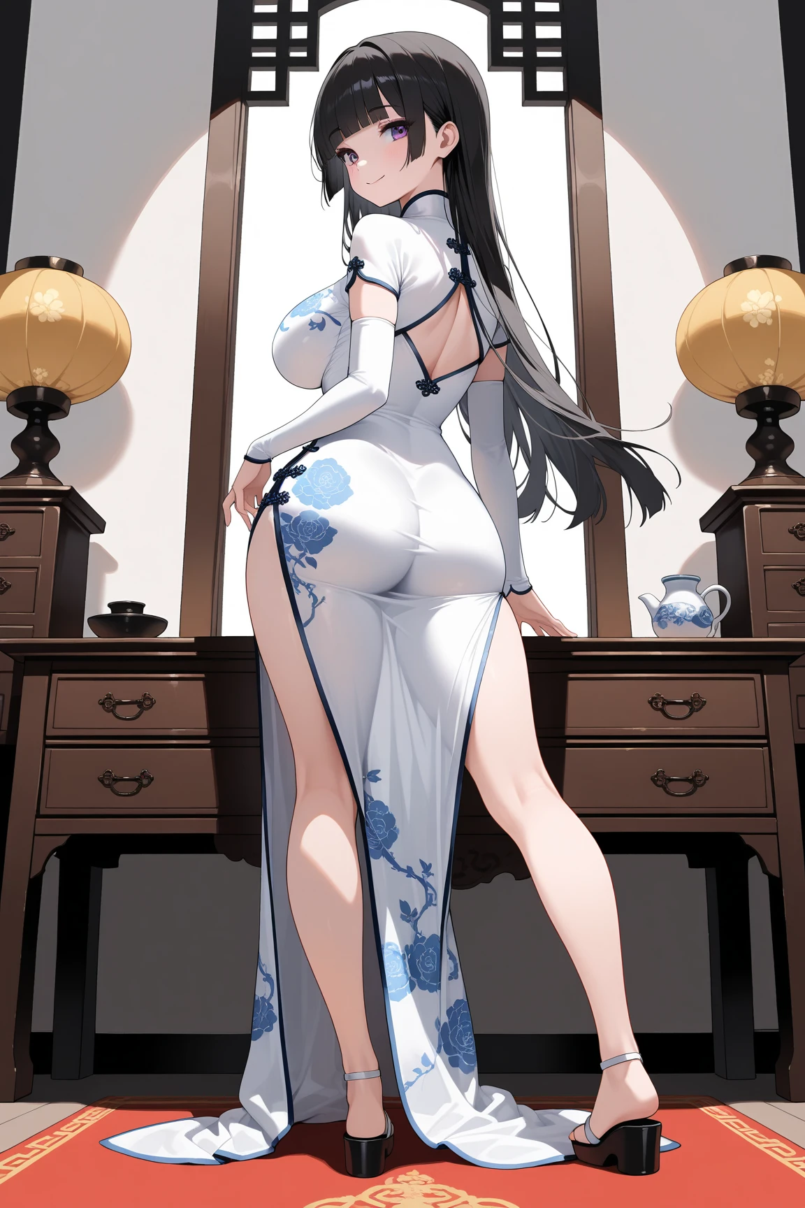 (masterpiece, best quality, high resolution), Sweet Chinese girl, Black Hair, Red lips, Full body front view，Big ，（Large ）Front desk black top，Bib short，30 years old，Royal sister，Sexy。