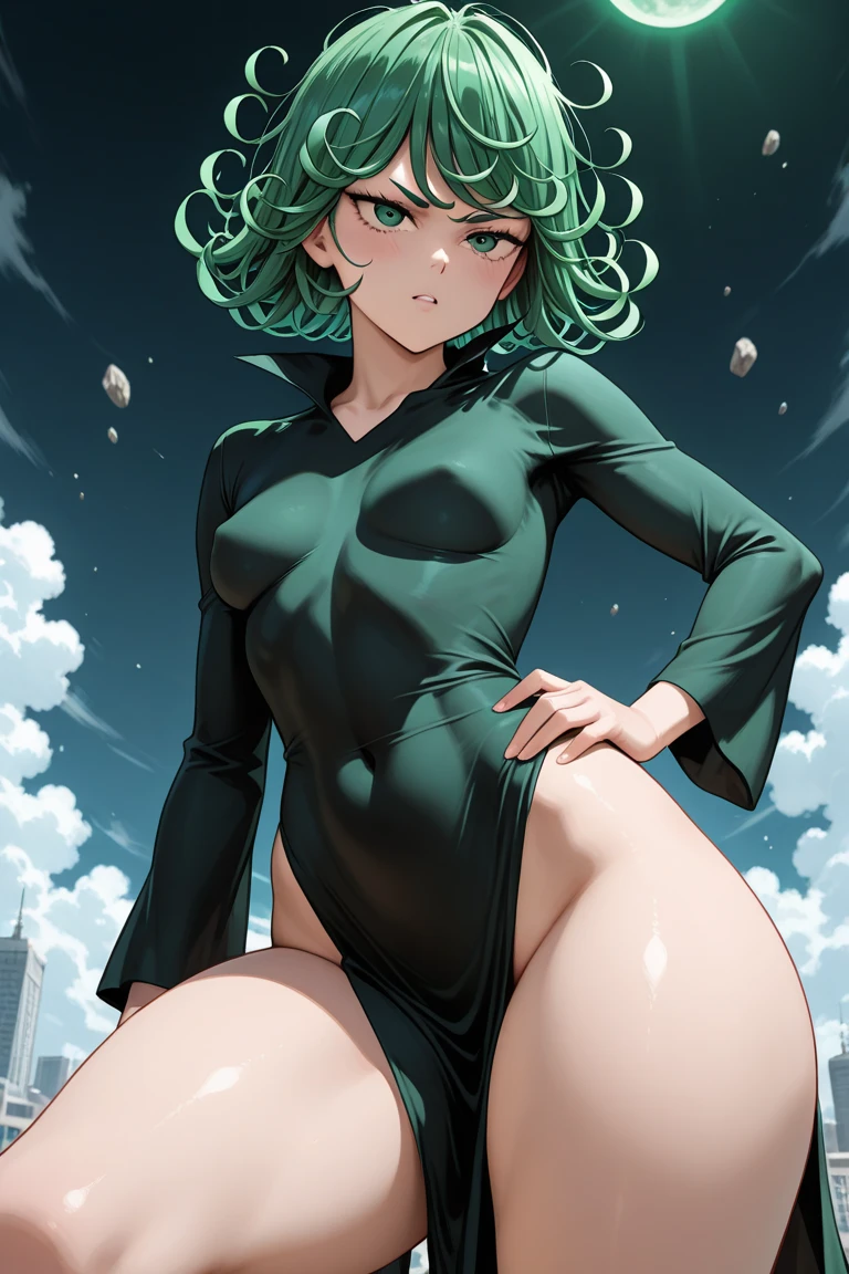 (masterpiece, best quality:1.2), cowboy shot, solo, 1girl, tatsumaki, lustful, closed mouth, looking at the viewer, ass, wide hips, shirt, thong, short shorts, squats, spread legs, blue sky, erotica,