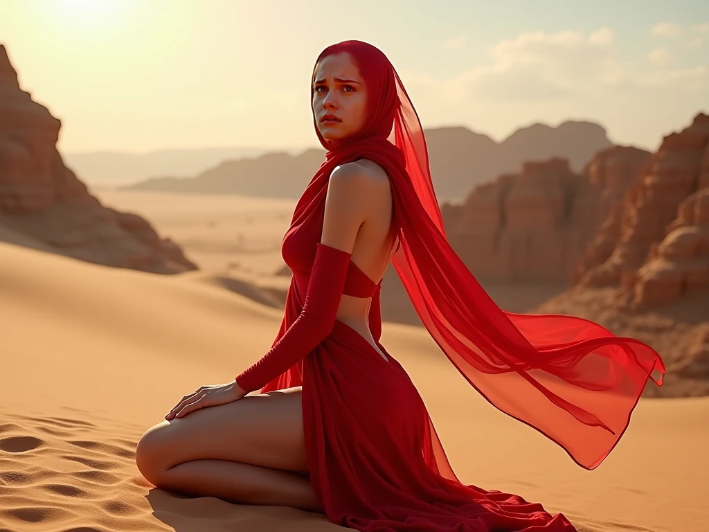 a sexy a woman covered in large red satin cloth, tied tightly with the satin cloth, mummified, the satin hanging down very long, a mermaid style dress, wearing a satin hijab, the satin cloth is very long, forming the curve of the body, flowy satin about 4 meter,full body,masterpice, 4k resolution, ultra-realistic, highly detail.