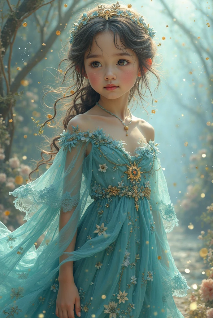 Young sensual princess in the forest with translucent blue dress and small golden crown, small visible breasts, without underwear, goddess body, beautiful face, gothic eye makeup, ruby lips, beautiful necklace, ear rings, barefoot in the forest