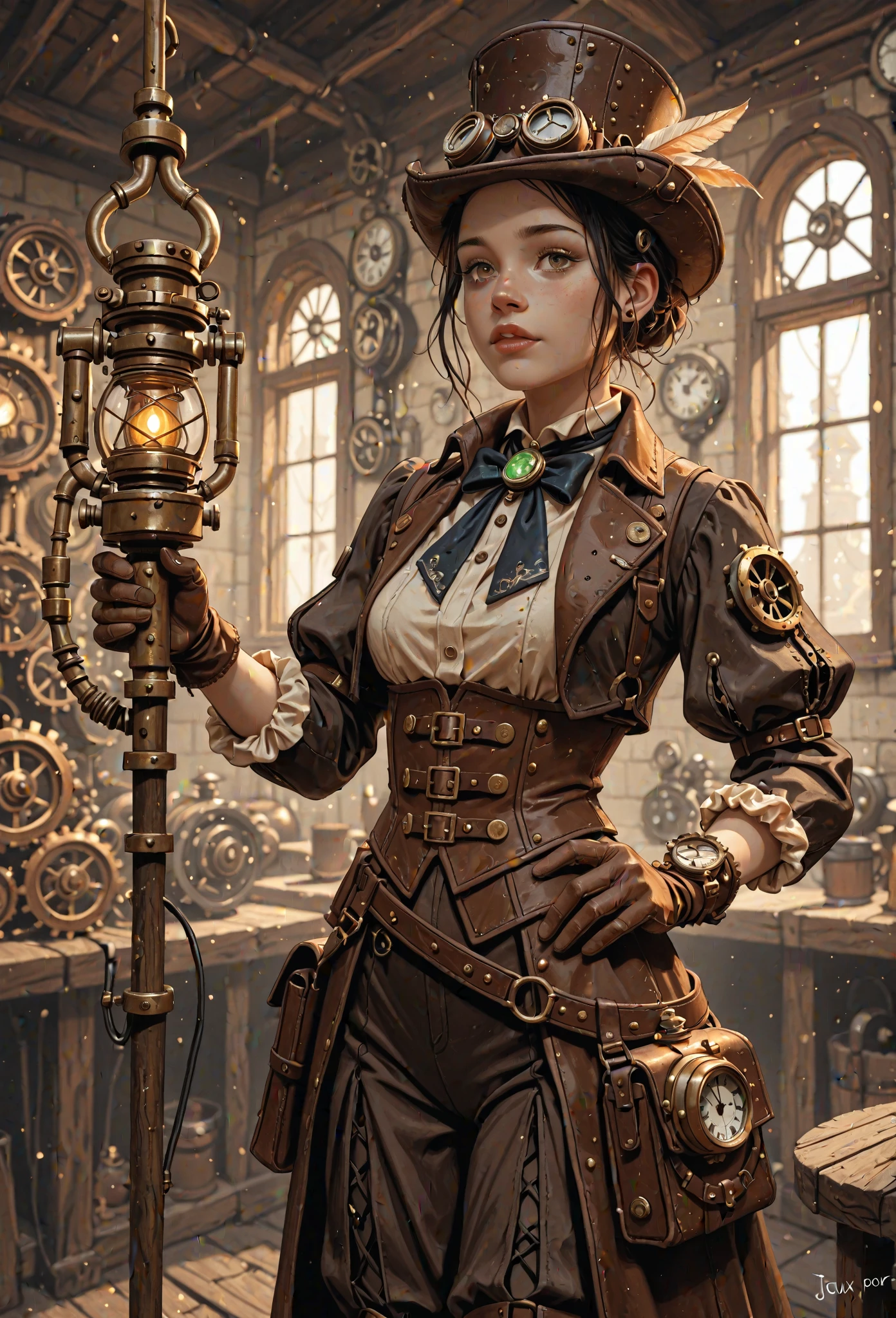 (Best quality, 4k, Masterpiece :1.3), 1girl, (steampunk), scenery, steampunk room engine, repairing engine, gears, cogs, steam, boots, overalls, goggles, dirty face, standing, machinery, oil on floor, dirty floor