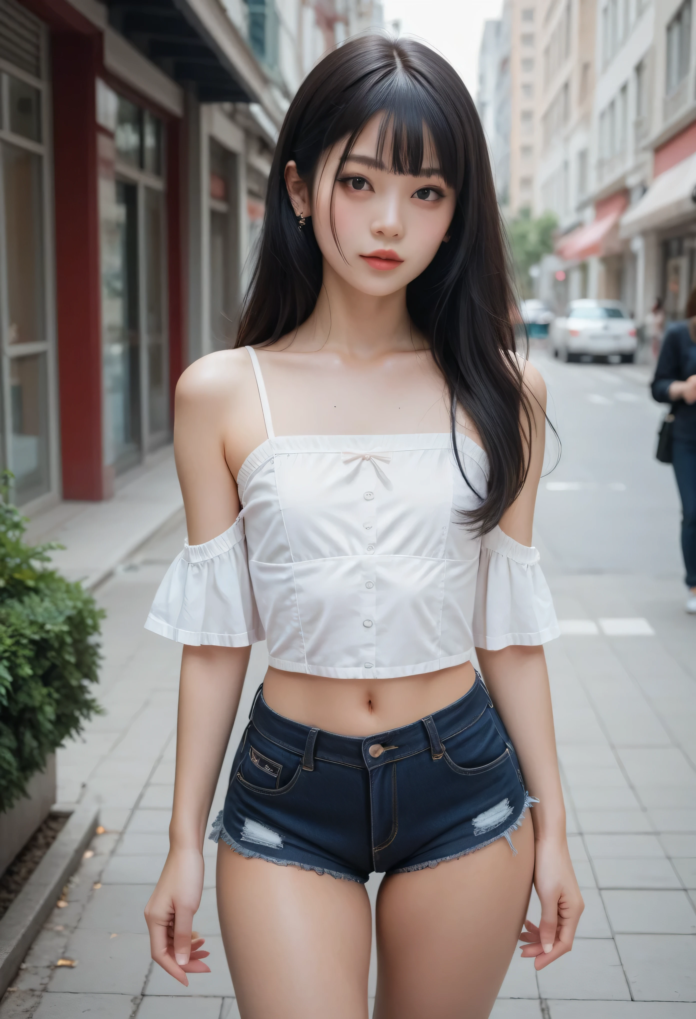 Girl VN01, 8K, Best Quality, masutepiece, Highly detailed, reallistic, girl with, 20 years old, looking hand, long dark brown hair with bangs,,,,,Curly hair, Green eyes, Black Japanese style cut clothes, White shorts, Wear ultra-realistic pantyhose、Bare shoulders, make - up、golden details, Cold expression, Battle Scenes, Outdoors, Park in the background, lots of trees々And the bright sky、Sitting on the lawn、Sitting,