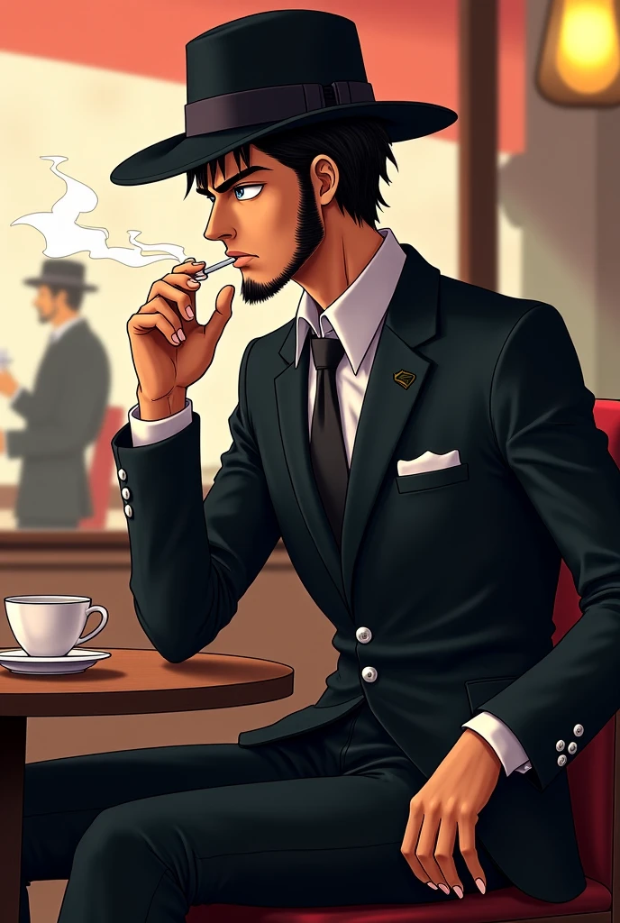 Make a picture of the anime character Jigen Daisuke sitting in a cafe while smoking.Let it be Jigen Daisuke with the outfit from part 5 and include his bangs and beard without a mustache