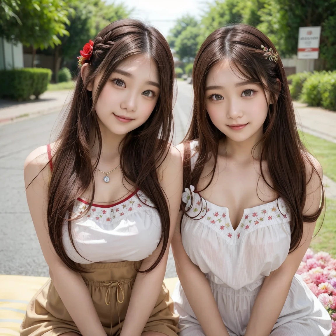 Bright honey-colored long hair with curls, The most beautiful girl in the world at 13, Young body type, Childish expression, Beautiful light brown eyes, Big double eyelid eyes, Glossy Lips, Round face, eyeliner, , Tilt your head a little, shirt, The button３Out of place, A glimpse of the chest, The chest is exposed, Small breasts, Small breasts, In an empty park, A cute light blue mini skirt, I can see her white panties, A glimpse of white panties, Squatting in pumps, Snow-white skin, Glowing Skin and Bright Cheeks, Small breasts, A shy smile, 
