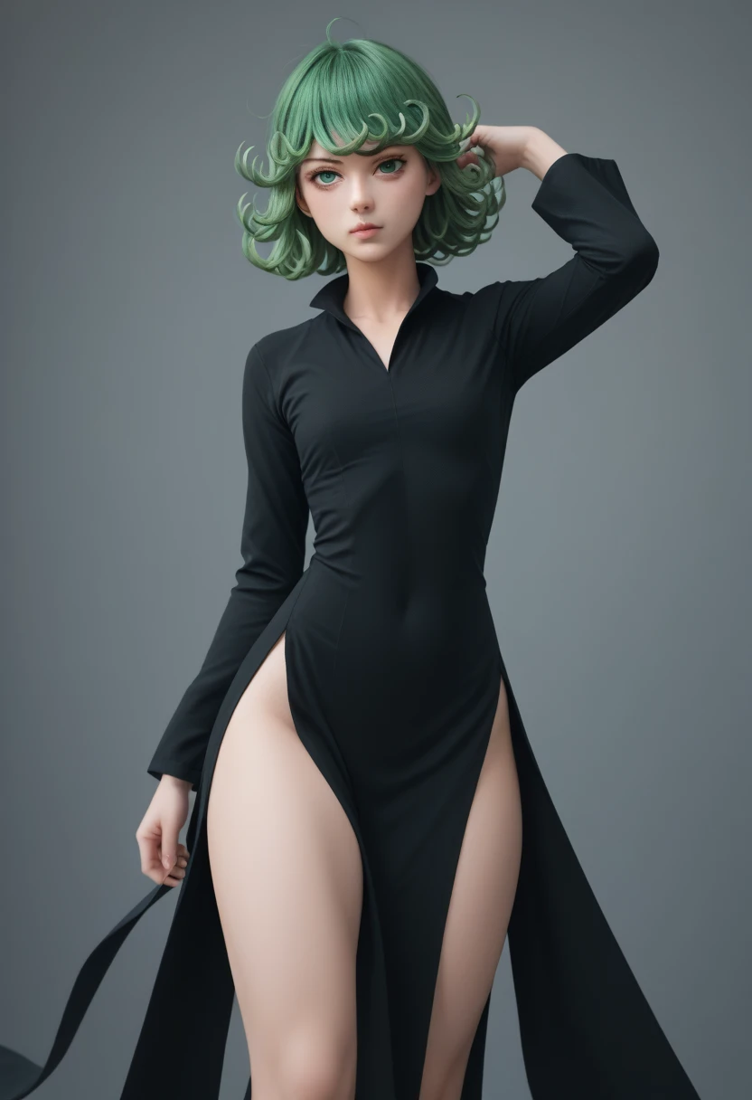 1 girl, Tatsumaki, black dress, long sleeves, green fur, green eyeball, short hair, Curly hair, realist, ultradetalle, 70mm lens, tanga visible, breasts marked by the dress, marked nipples, NSFW