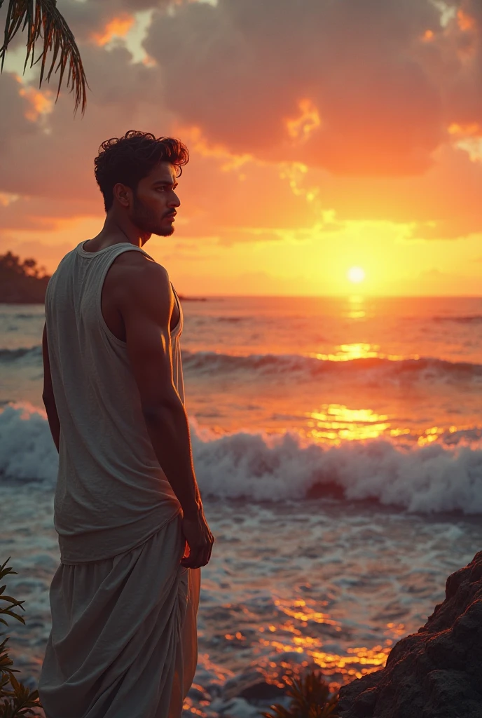 silhouette of a man  looking at the sea !!!,  detailed silhouette, in the sunset, ((sunset)), backlit!!, backlit face, with a sunset, , behind angle photo, atmospheric, sunset, curly and messy hair, face silhouette, , face isnt shown fully
